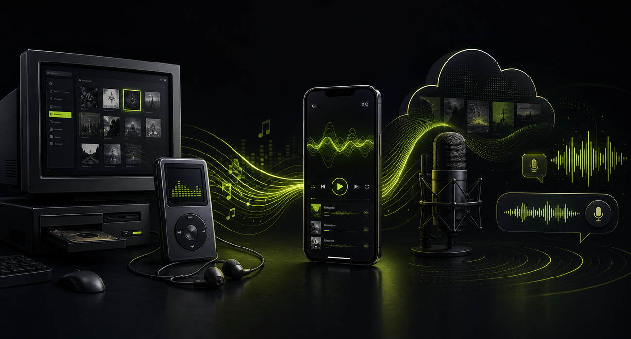 An illustrated path from an old MP3 library to a modern streaming phone, podcast microphone, and cloud audio library.