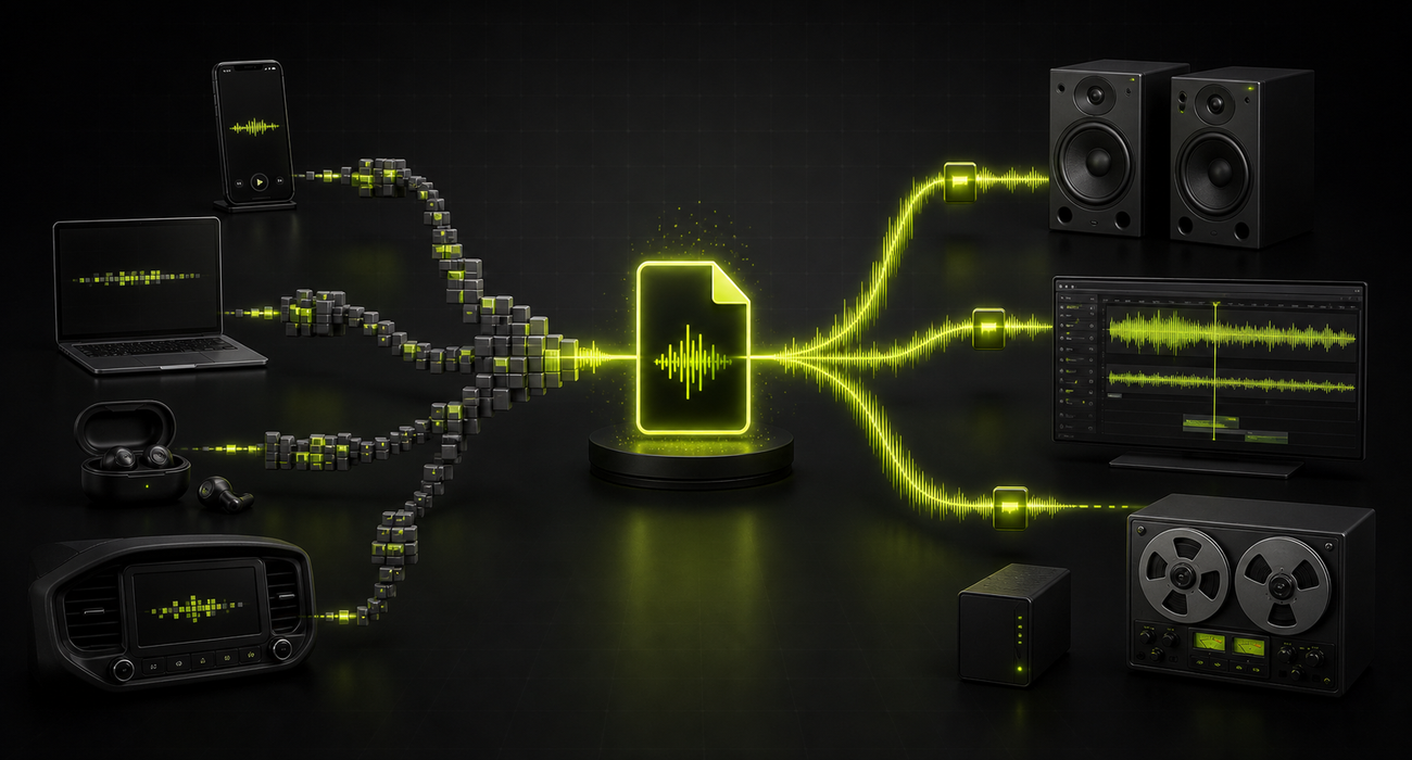 An illustrated comparison of compact lossy audio files and larger lossless studio-quality files connected to everyday devices and editing tools.