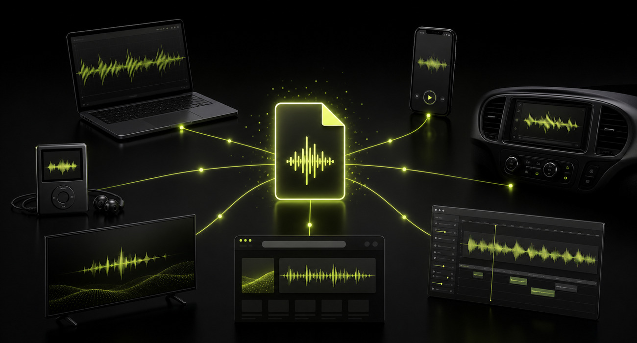 An illustrated MP3-style audio file connected to phones, laptops, car audio, browsers, and editing tools.